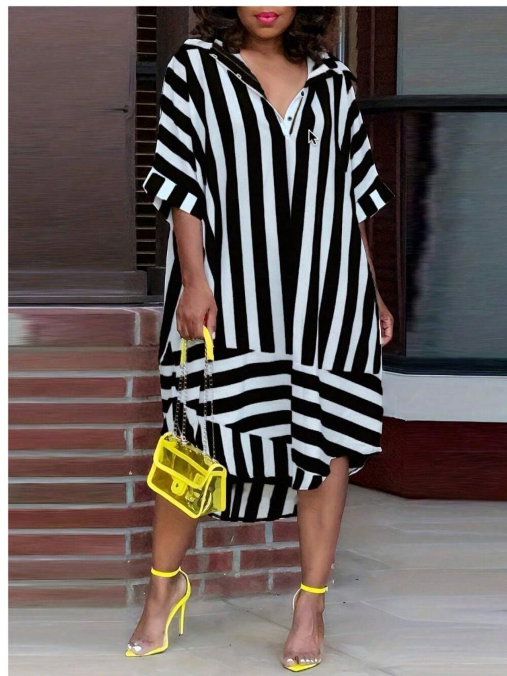 Plus Size Striped Print Short Front Long Back Casual Dress Black 4X /20